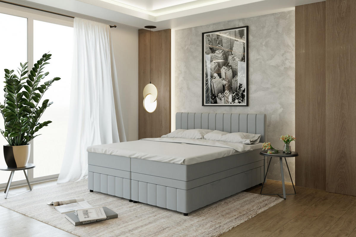 BOXBETT AVALON 180 x 200 cm mit Bettkasten und Topper - Hellgrau - Hellgrau, Holz - Panda Möbel