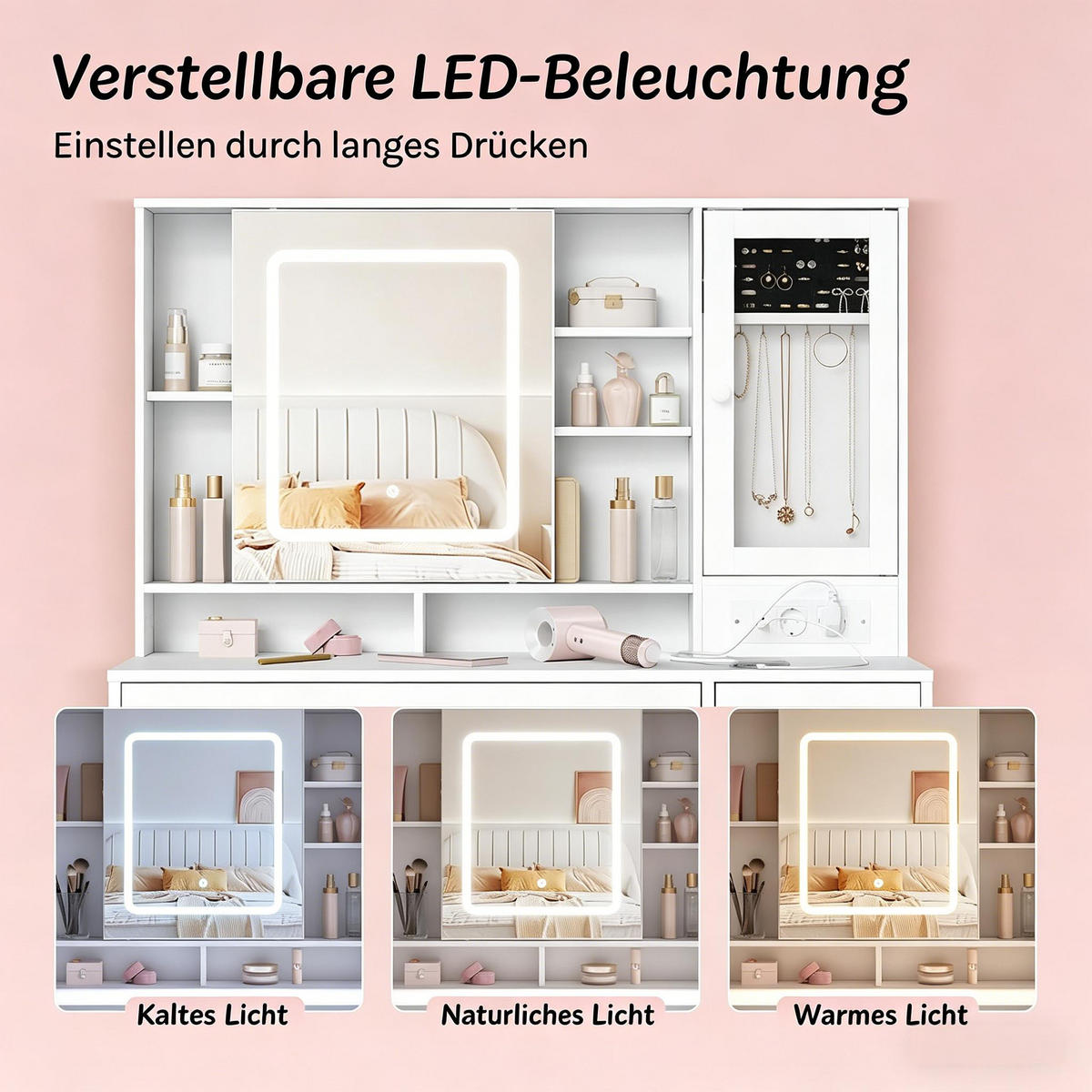 SCHMINKTISCH mit verstellbarem LED-Spiegel, Steckdosen, verstellbaren Ablagen und Schmuckschrank - Weiß, Glas (40/139/108cm) - Vallsero