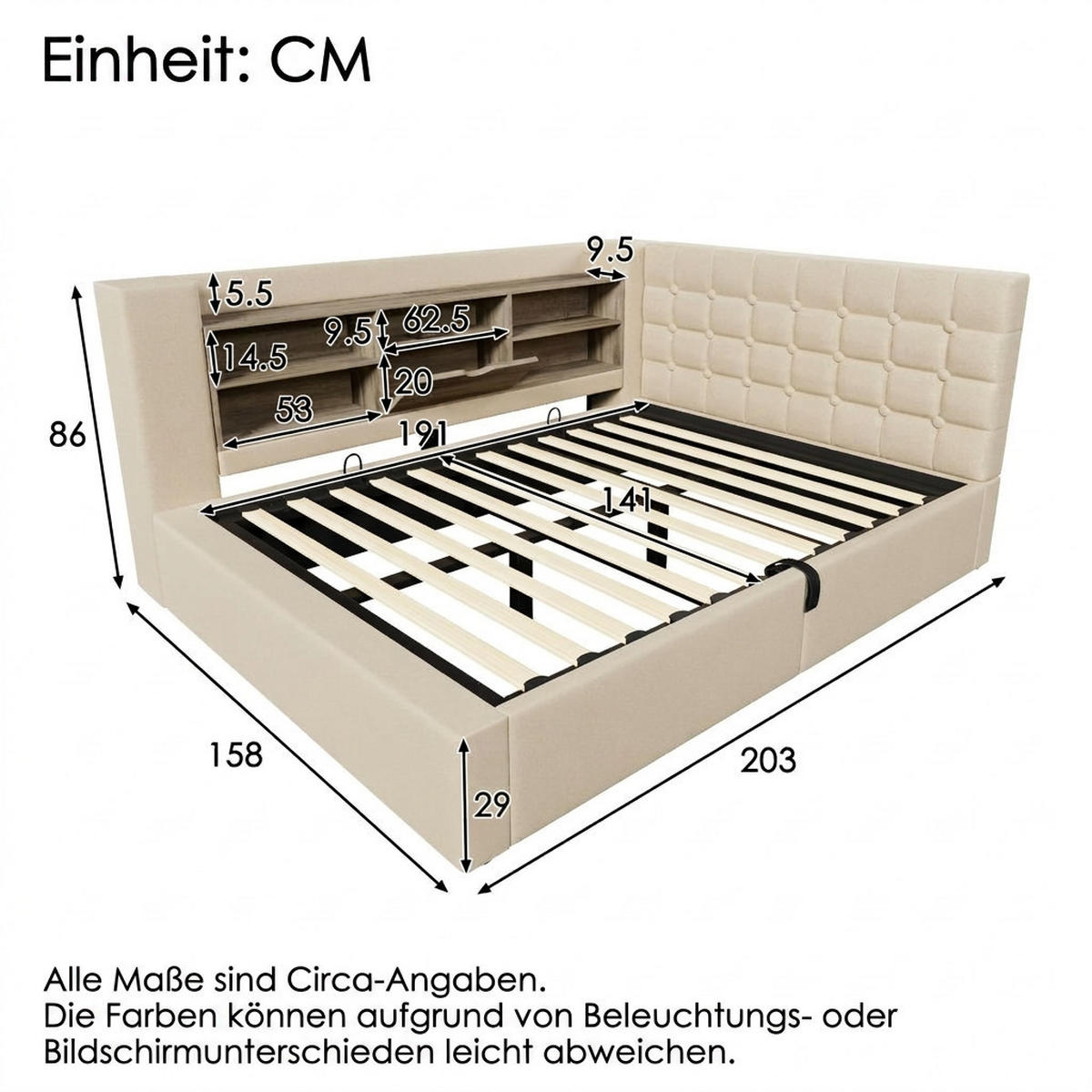 POLSTERBETT 140/190 cm Beige mit LED-Beleuchtung und Stauraum (Ohne Matratze) - Beige, Textil (140/190cm) - Oxeza