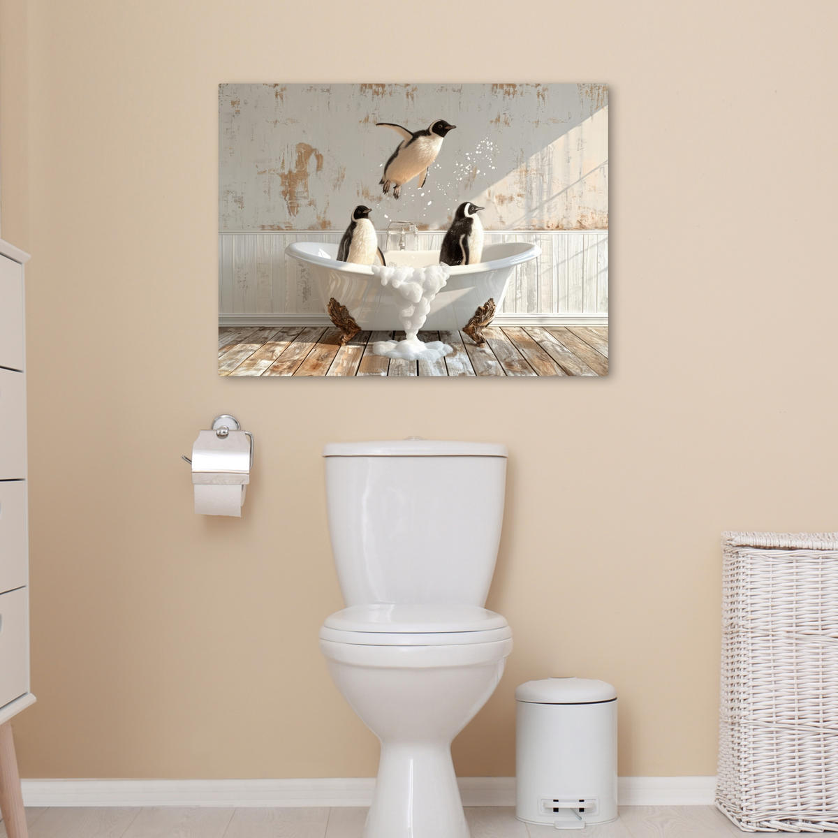 LEINWANDBILD Vintage - Pinguin - Badewanne - Schaumstoff 70x50 cm - Schwarz, Textil (70/50cm) - MuchoWow