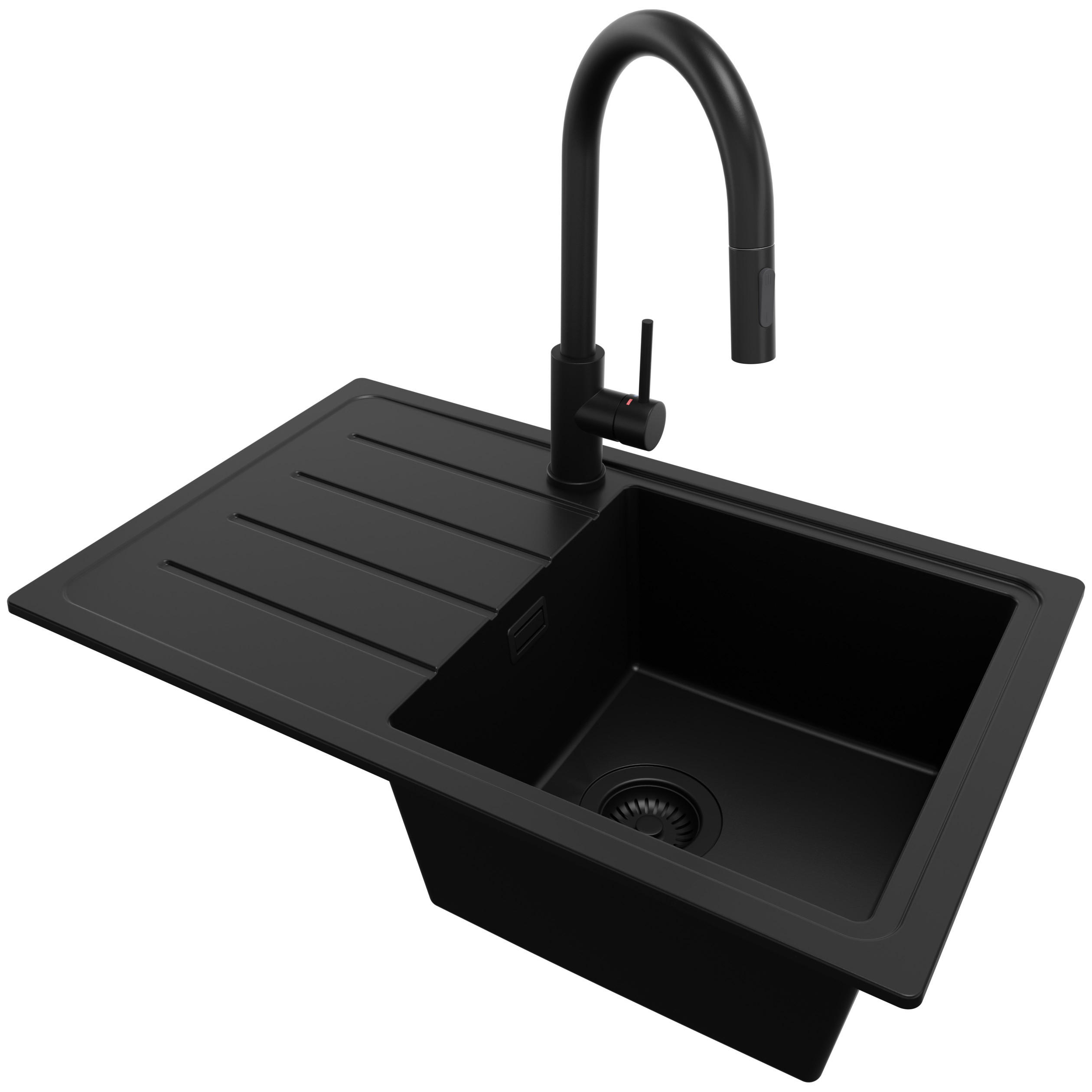 GRANITSPÜLE Kopenhagen Easy, 2-er set Alles Schwarz 70/44 cm 1 Becken + Küchenarmatur 40/20 cm + Ablauf-Set ab 45er Unterschrank - Schwarz, Kunststoff (70/20/44cm) - Primagran