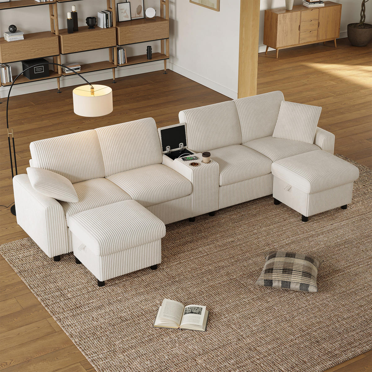 ECKSOFA 315/135/81 cm Beige mit 2 Fußhocker mit Stauraum und 1 Couchtisch - Beige, Textil (315/135cm) - Oxeza