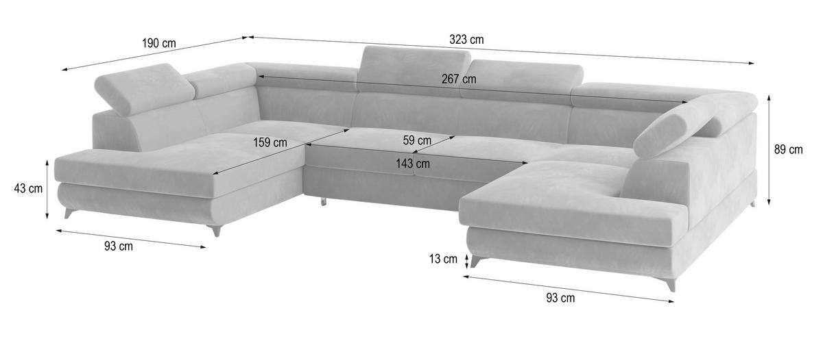 WOHNLANDSCHAFT VINTESSA Hellgrau Velours-Stoff mit Schlaffunktion - Hellgrau, Holz (323/89/190cm) - MASSENO
