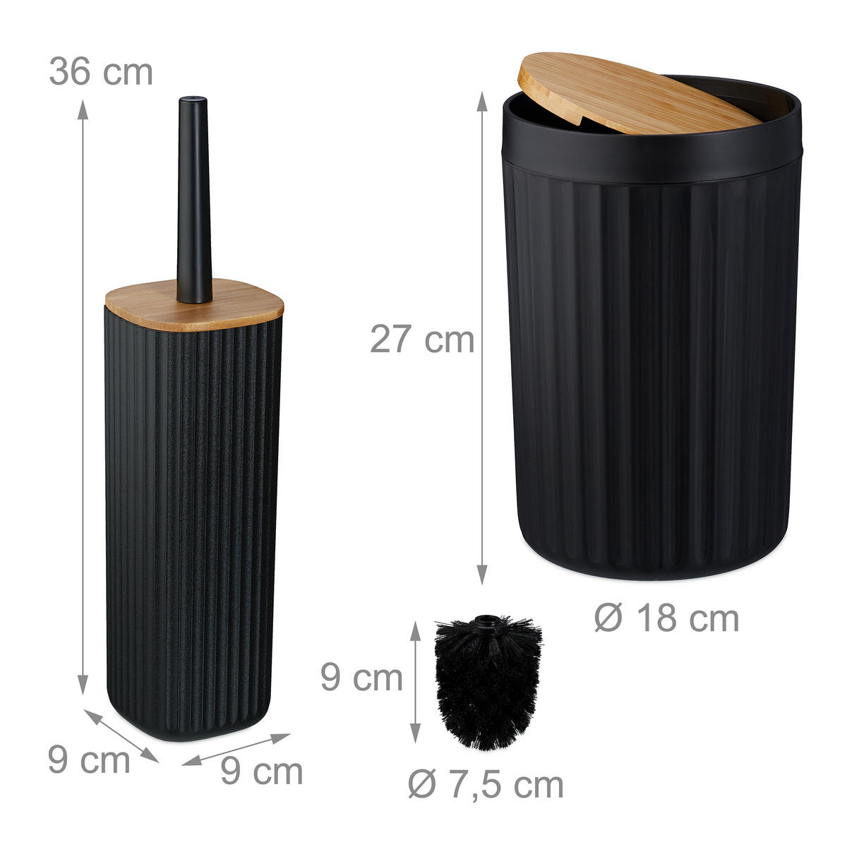 BADEZIMMER-SET 6-tlg. - Schwarz, Holz/Kunststoff (18/27/18cm) - Relaxdays