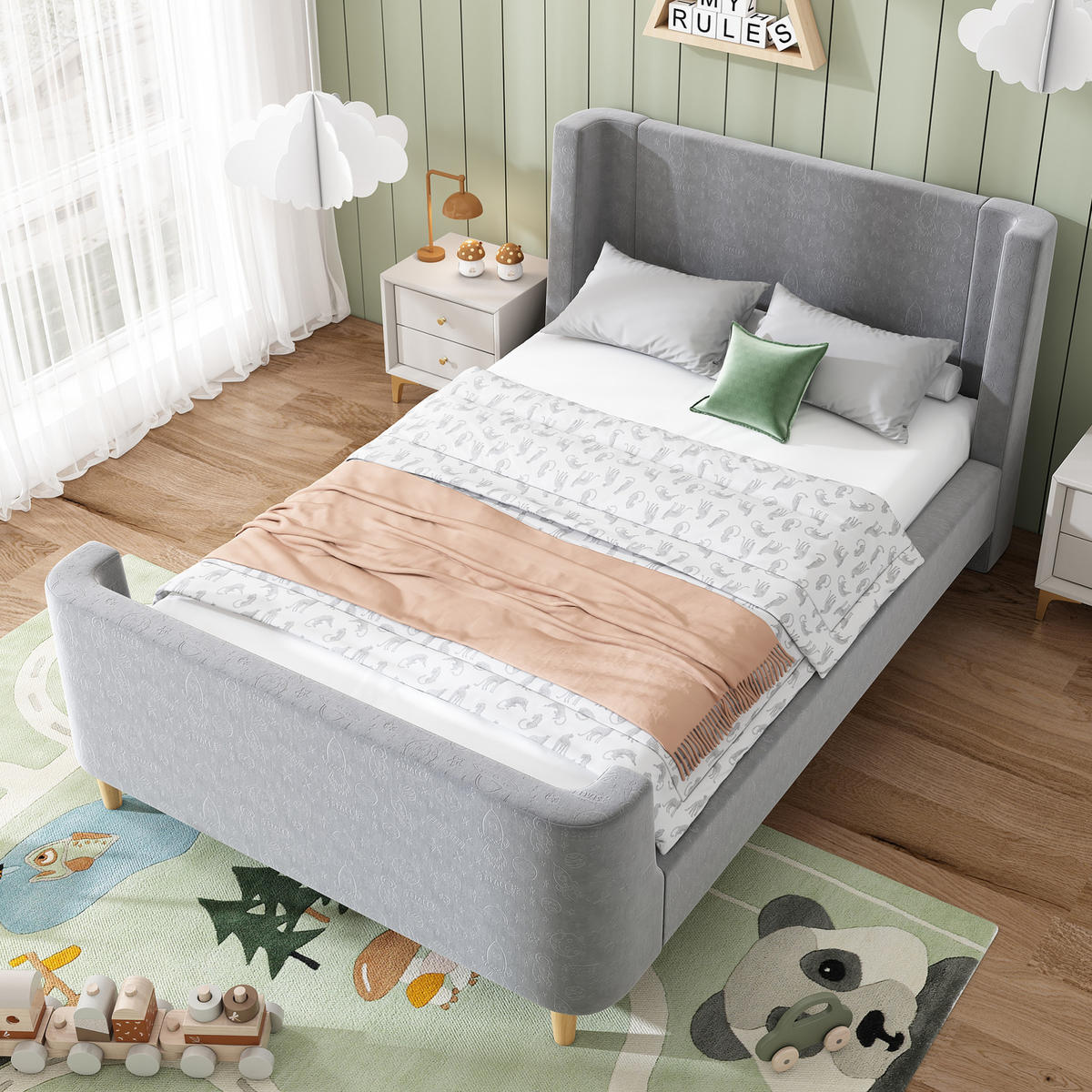 KINDERBETT 90/200 cm Grau aus Samt im Schlittenbett-Design - Grau, Textil (90/200cm) - OKMYHOME