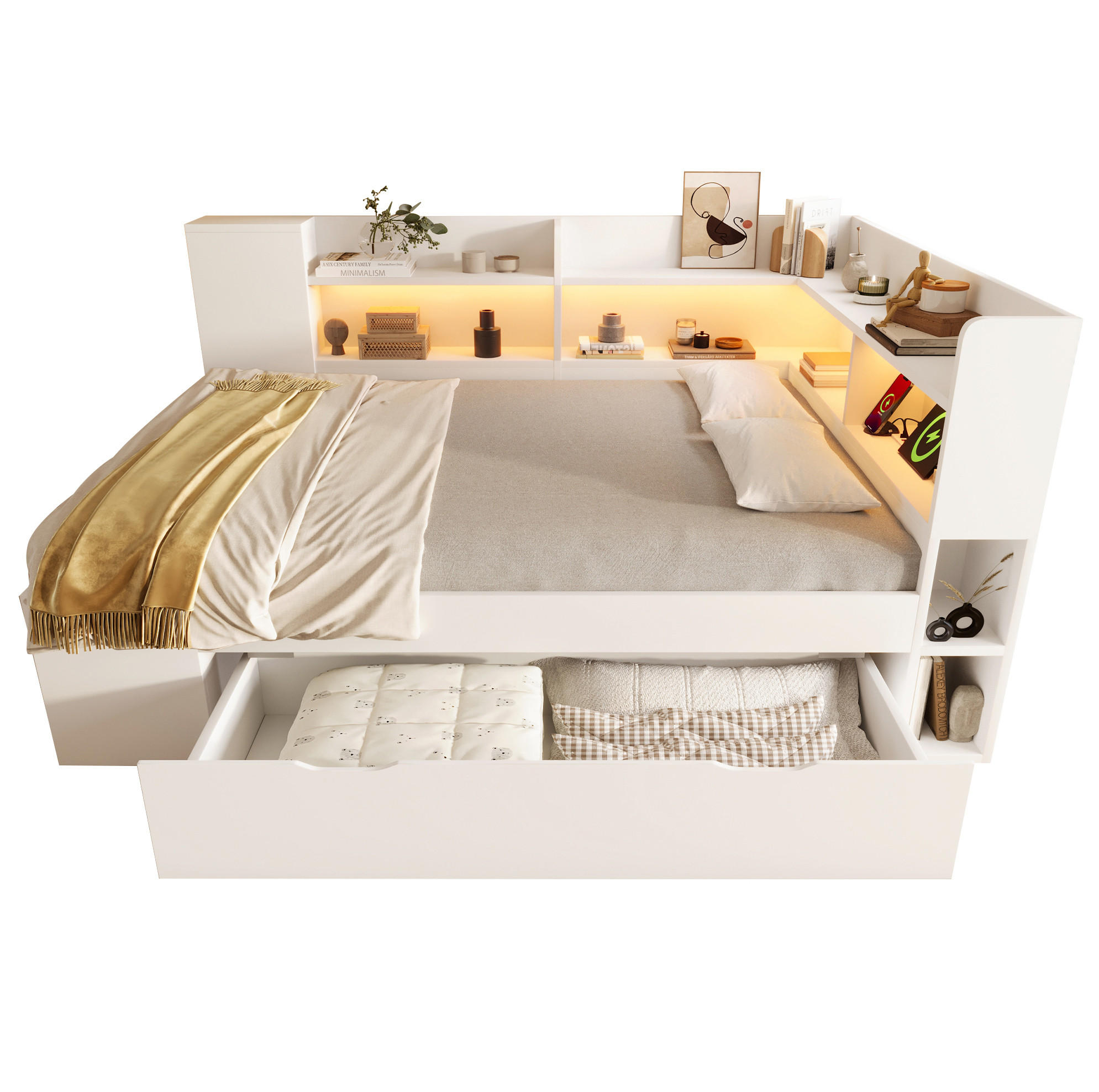 POLSTERBETT 140/200 cm mit LED-Beleuchtung, USB- und Typ-C-Anschluss, Stauraum und Lattenrost, Holzwerkstoff, Weiß - Weiß, Textil (140/200cm) - Redom