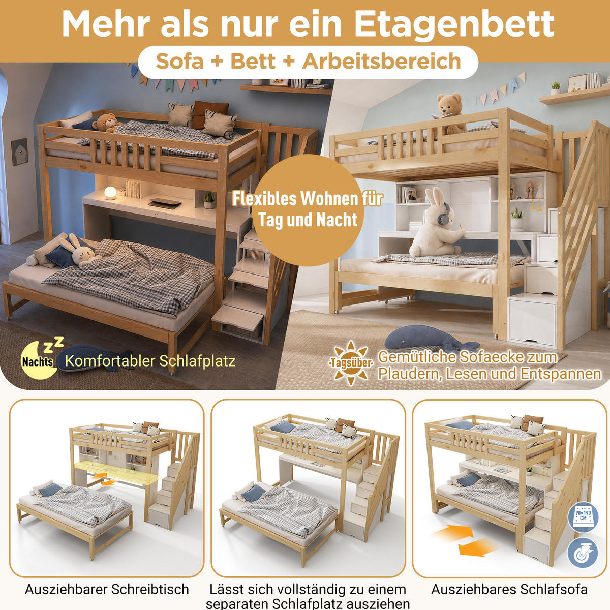 ETAGENBETT 90x200/90x190 cm in Weiß und Eichefarben mit Ausziehbett und Schreibtisch - Eichefarben, Holz (90/200cm) - IVMEU