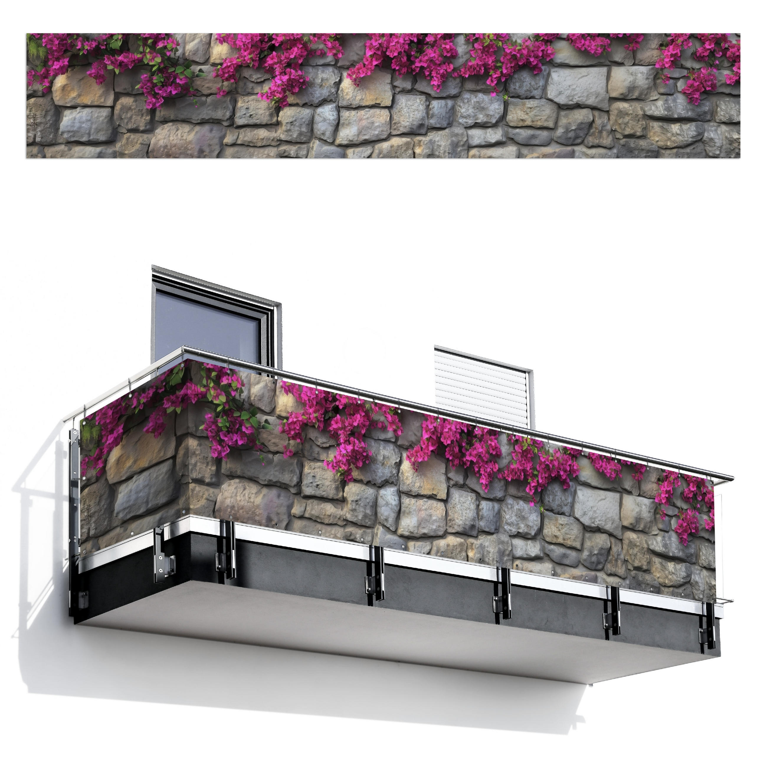 BALKON-SICHTSCHUTZ Bougainvillea - Steinmauer - Rosa - Magenta, Kunststoff (500/90cm) - MuchoWow