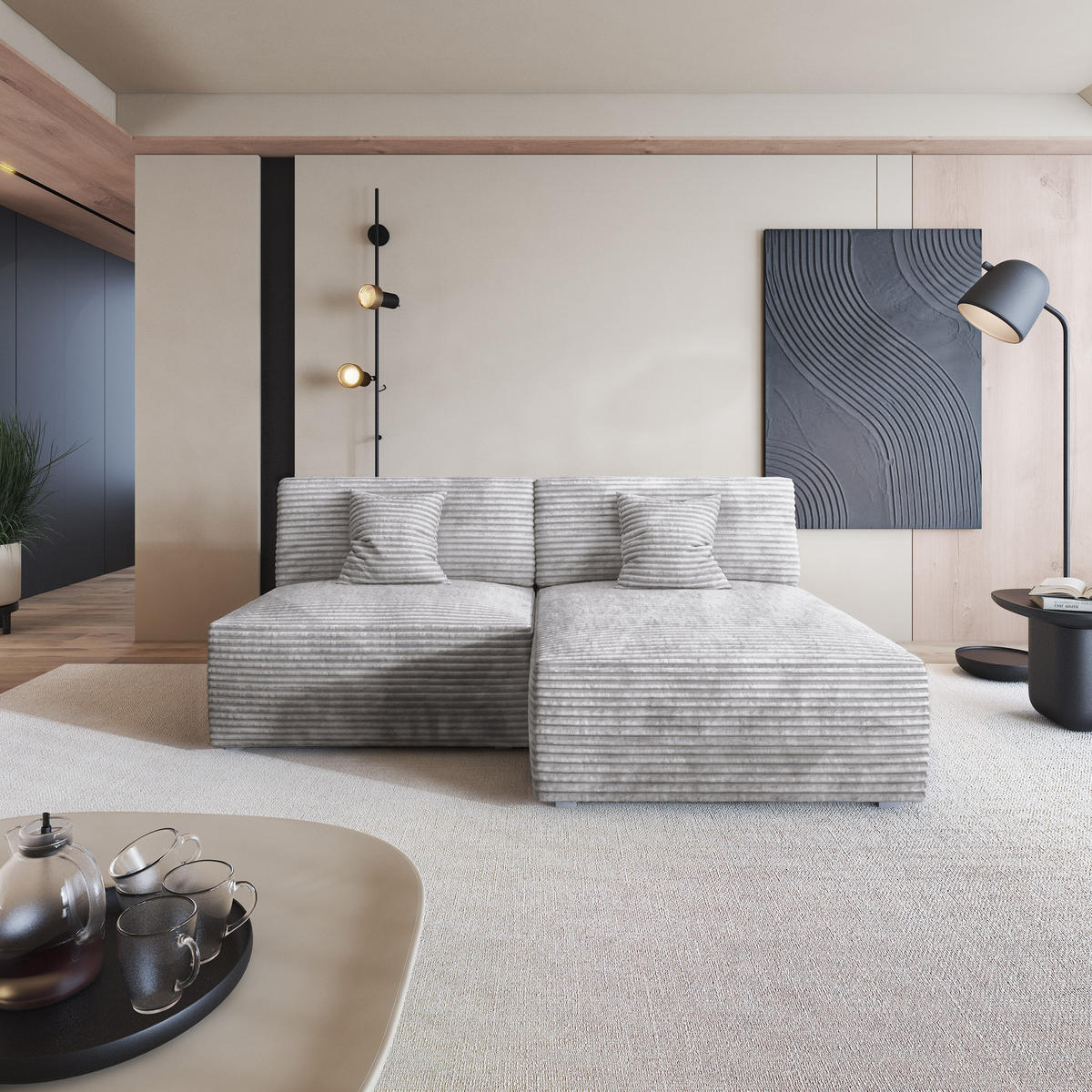 ECKSOFA FIORO Hellgrau Kordstoff mit Schlaffunktion - Hellgrau, Holz (204/148cm) - MASSENO