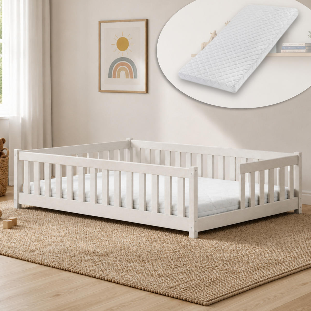 BODENBETT mit Matratze 90x190 cm in Baumwolle - Beige, Holz (90/190cm) - Kids Collective