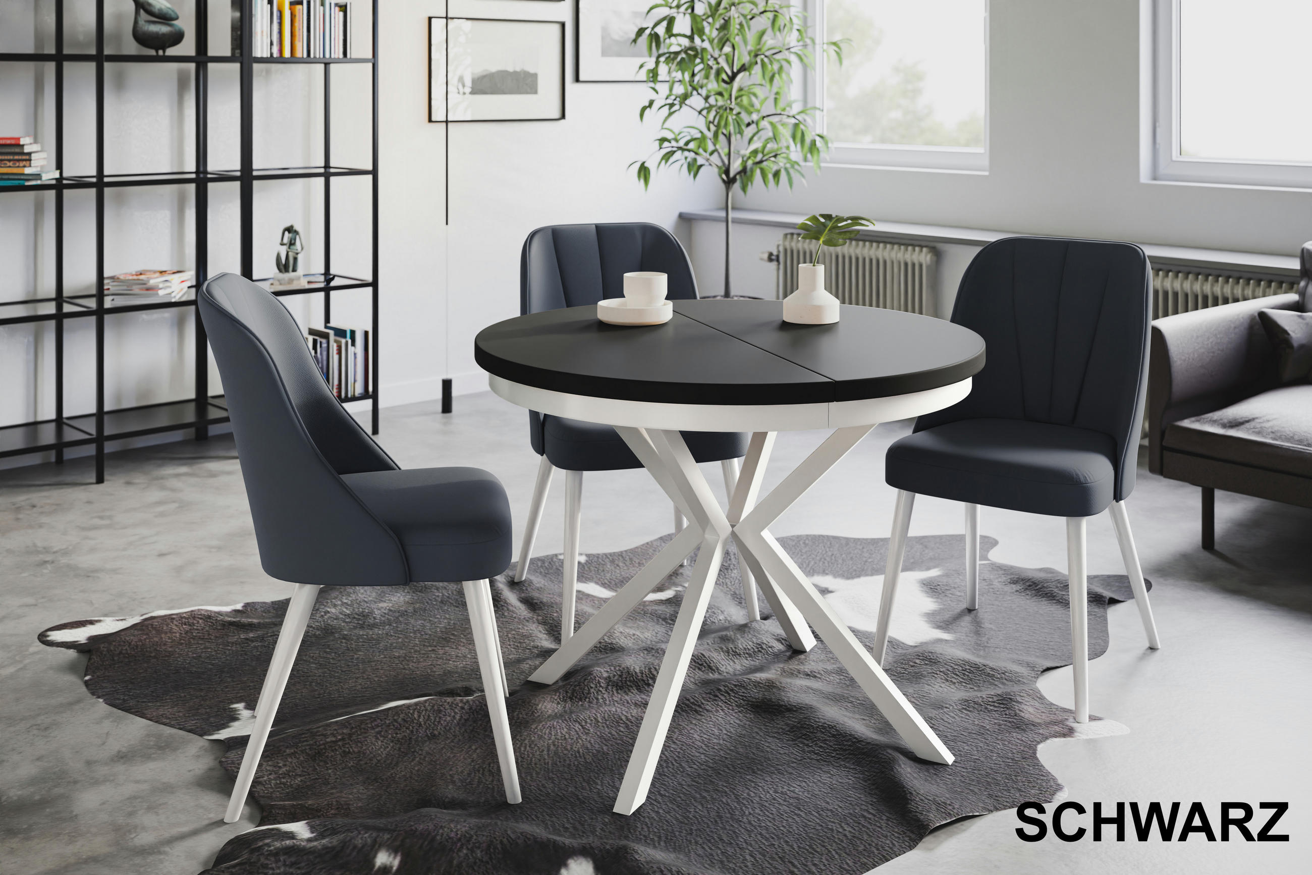 ESSZIMMERTISCH BERGO, ausziehbarer Tisch 100 cm/180 cm, Farbe: Schwarz, mit Metallbeinen in Farbe Weiß - Schwarz/Weiß, Holzwerkstoff (100/100/76cm) - Alpi-Möbel