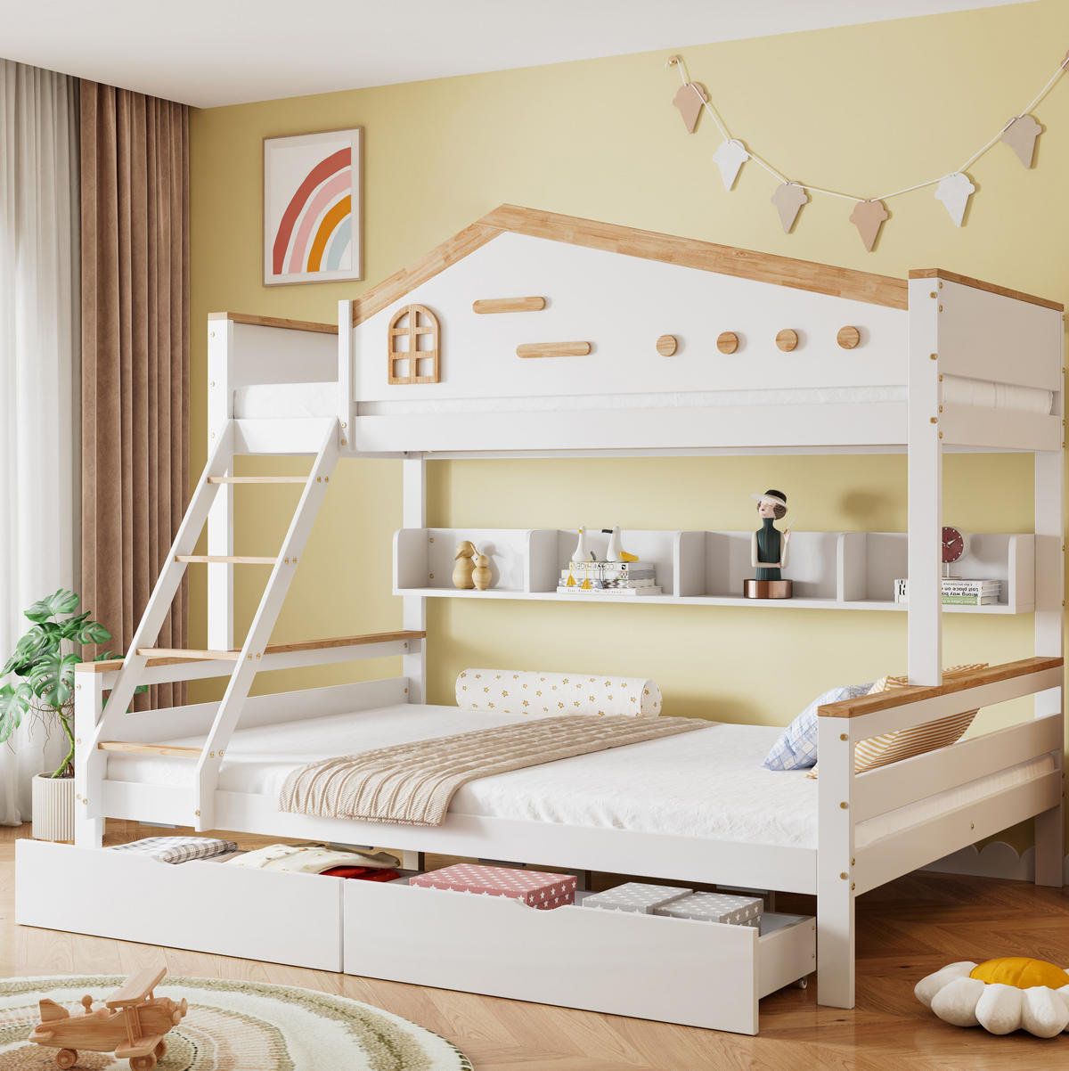 ETAGENBETT 90/200 & 140/200 cm aus Kiefer/MDF mit Regalen und 2 Schubladen Weiß/Natur - Weiß, Holzwerkstoff (90/200cm) - Modenvie