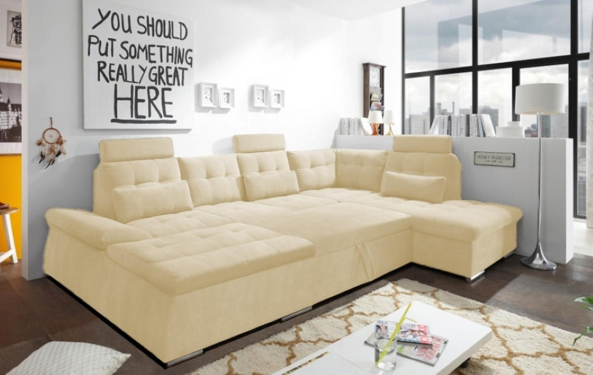WOHNLANDSCHAFT mit Schlaffunktion, Bettkasten, Armlehnfunktion und verstellbaren Kopfstützen - Chromfarben/Beige, Textil (219/103/324cm) - ed exciting design