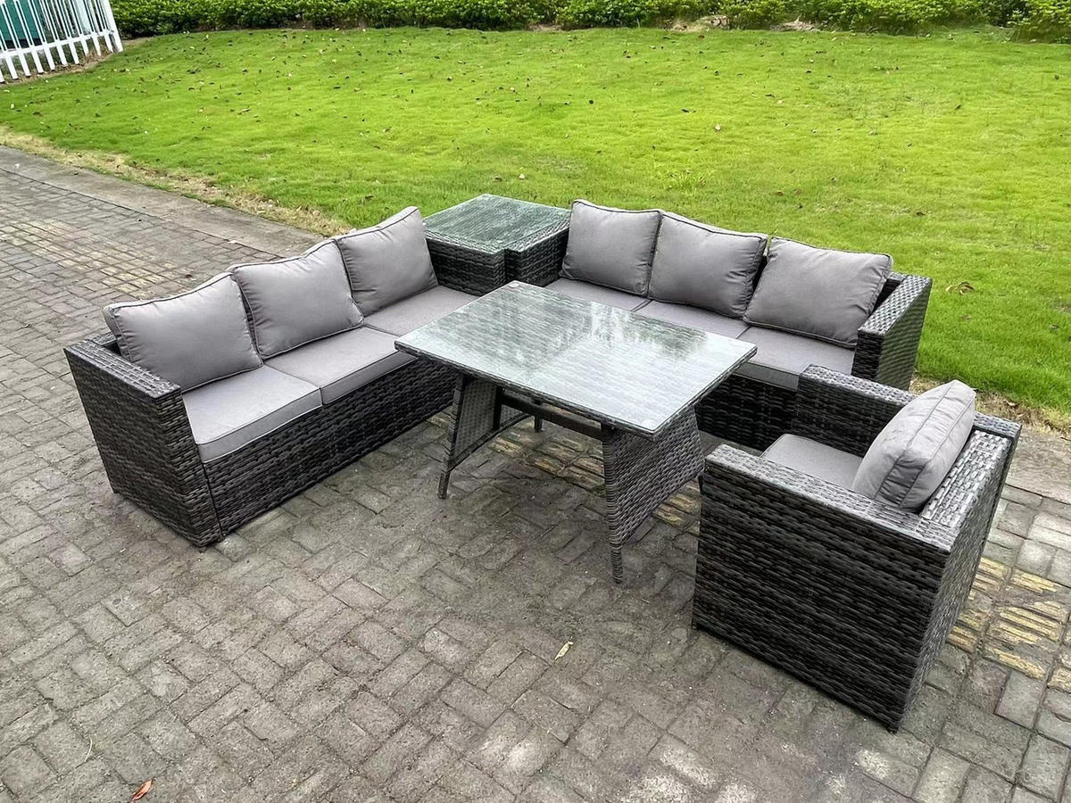 GARTENMÖBELSET mit Esstisch 7-Sitzer Grau - Dunkelgrau/Grau, Glas/Kunststoff - Fimous