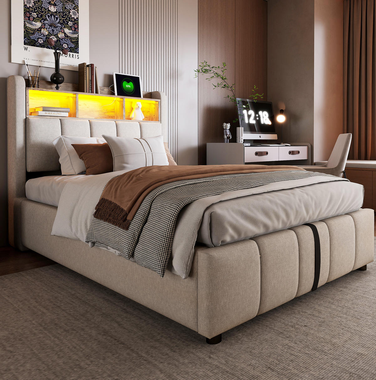 POLSTERBETT 90/200 cm mit LED-Beleuchtung, Bettkasten und gepolstertem Kopfteil - Beige, Textil (90/200cm) - BEAOK