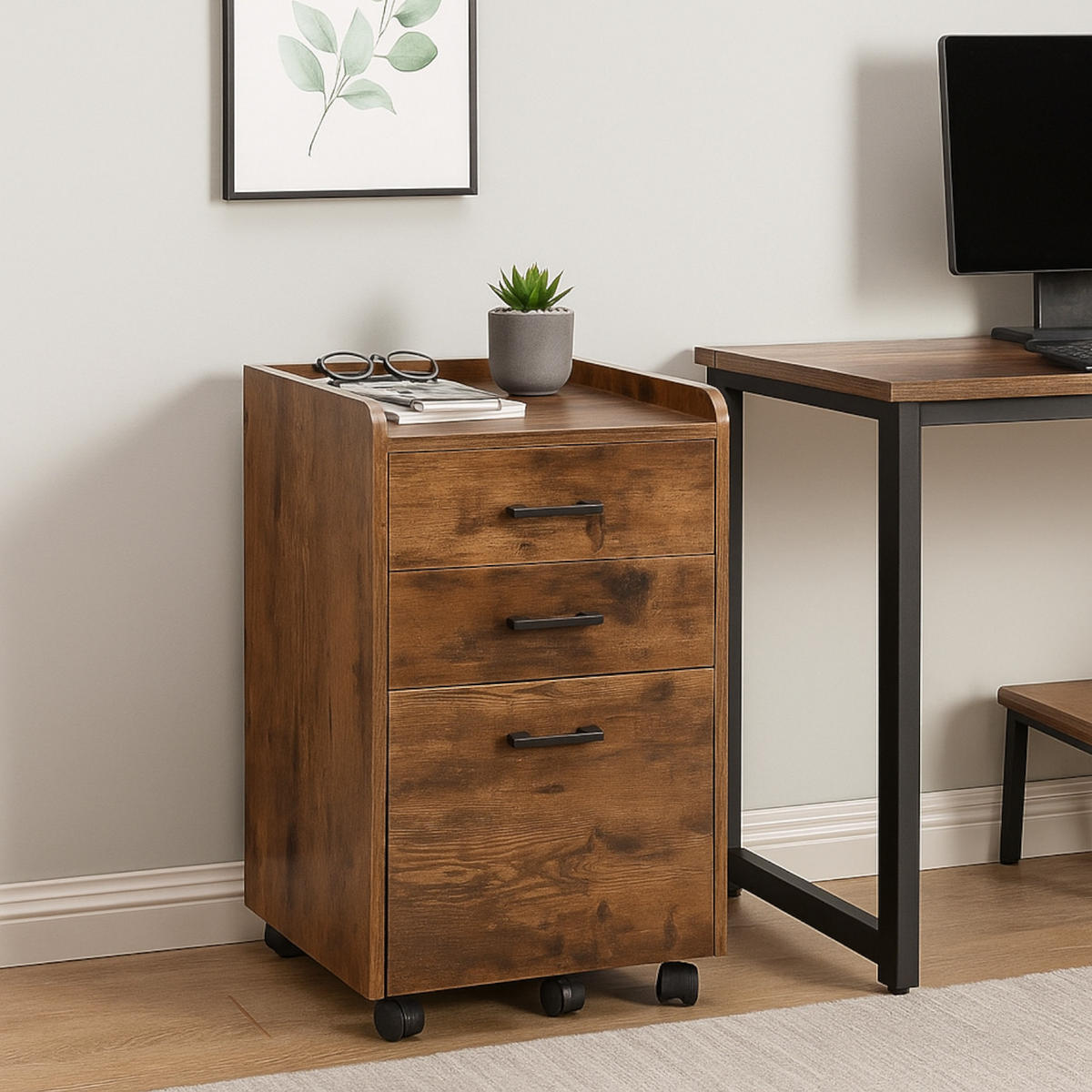 ROLLCONTAINER Holzoptik Dunkelbraun 3 Schubladen 42x40x72 cm - Dunkelbraun, Holzwerkstoff/Metall (42/72/40cm) - Begryf