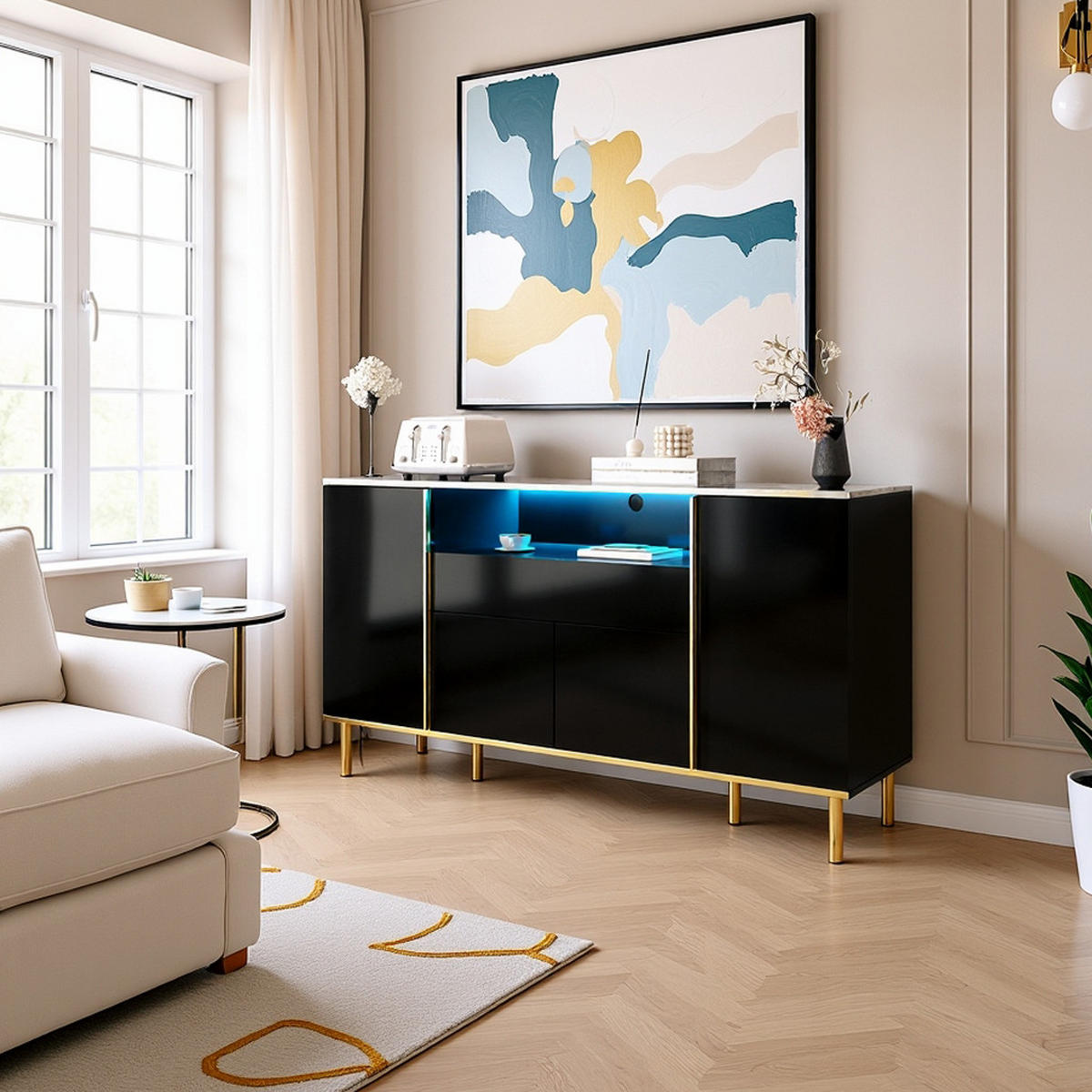 SIDEBOARD Schwarz mit LED 150/40/80 cm - Schwarz, Holzwerkstoff (40/80/150cm) - Urban Meuble