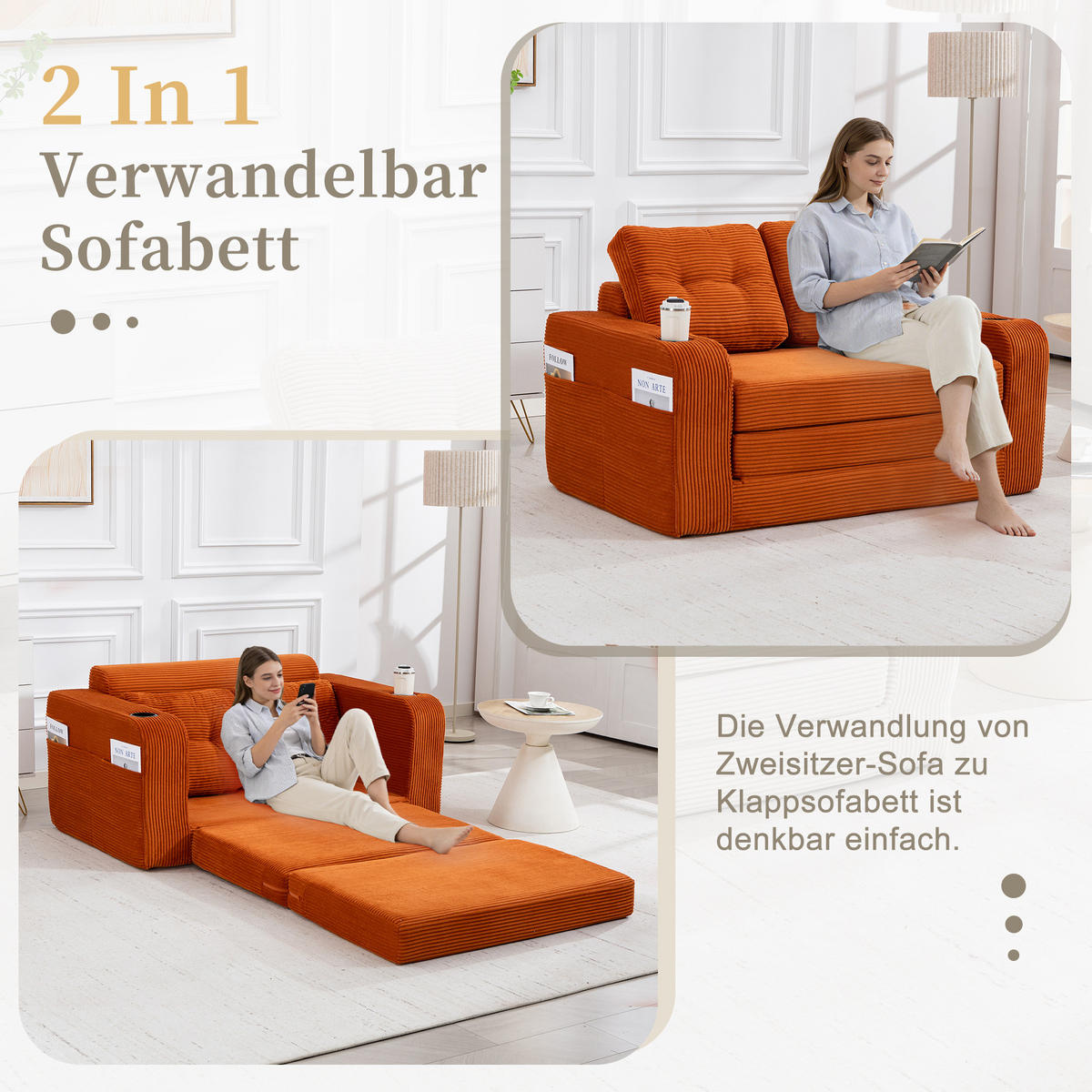 SCHLAFSOFA in Orange Cord mit Getränkehalter und Seitentaschen - Orange, Textil (136/82.5/80cm) - Oxeza