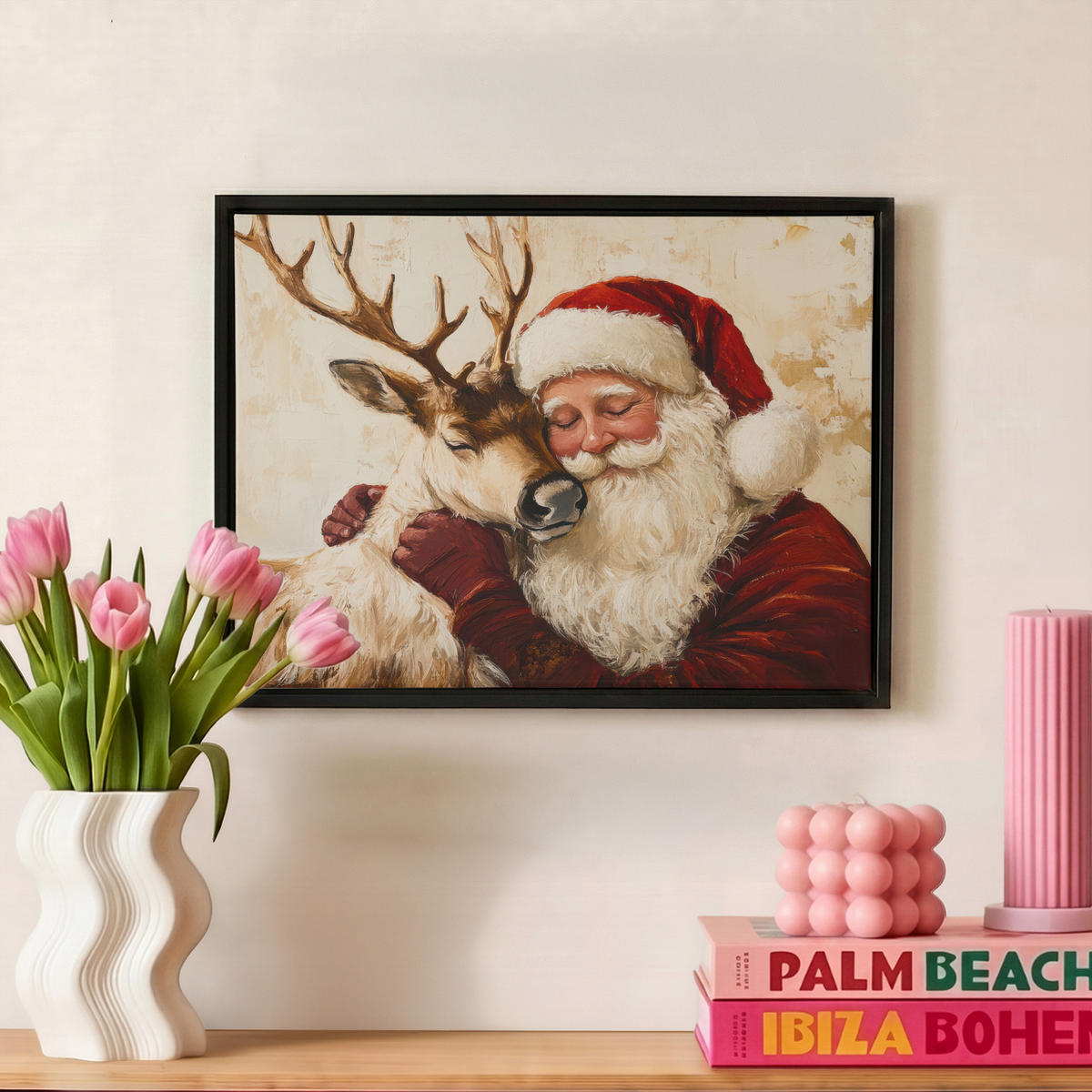 LEINWAND Bilder mit Rahmen - Weihnachtsmann - Rentier - Weihnachten - 40x30 - Rotbraun, Textil (40/30cm) - MuchoWow