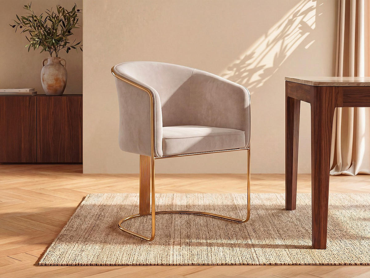STUHL mit Armlehnen - Samt & Metall - Beige und Goldfarben - JOSETHE - Creme, Textil/Metall (59.5/82.5/52.5cm) - Vente-Unique