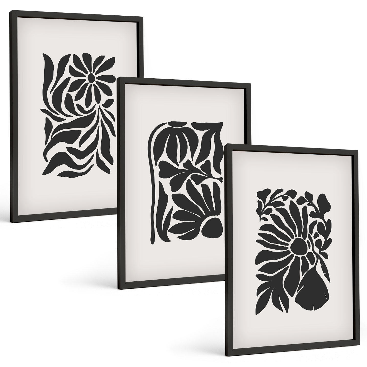 BILDER SET 3er Set - 40x60 cm Schwarzer Rahmen - Abstrakte Pflanzenmuster - Schwarz, Kunststoff (40/60cm) - TULUP