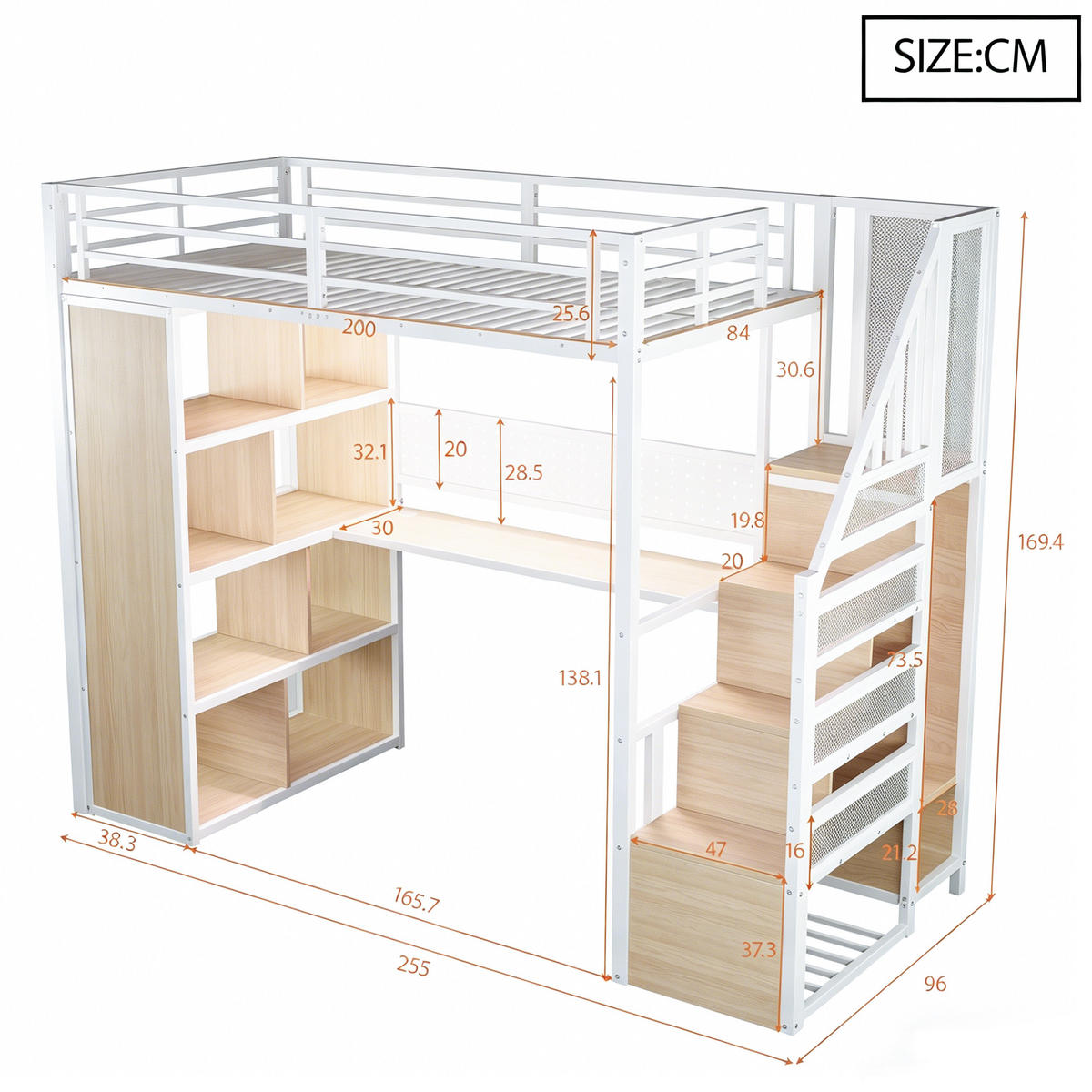 HOCHBETT 90x200cm Metall Schreibtisch Kleiderschrank LED Weiß - Weiß, Metall (90/200cm) - FLIEKS