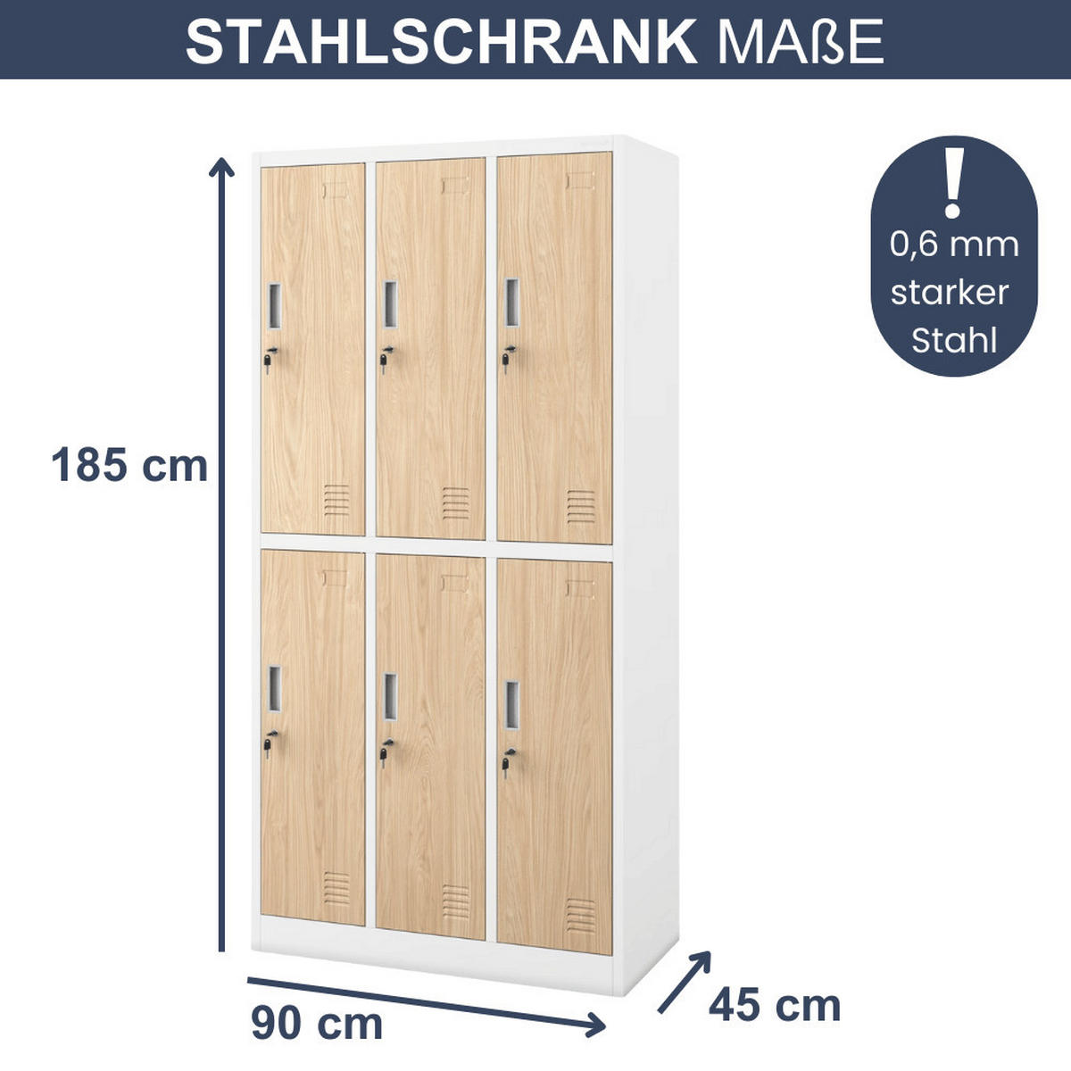 UMKLEIDESCHRANK Spind TOKIO 6 Abteile 185x90x45cm Weiß-Sonoma Eiche - Weiß, Metall (90/185/45cm) - DELUKE