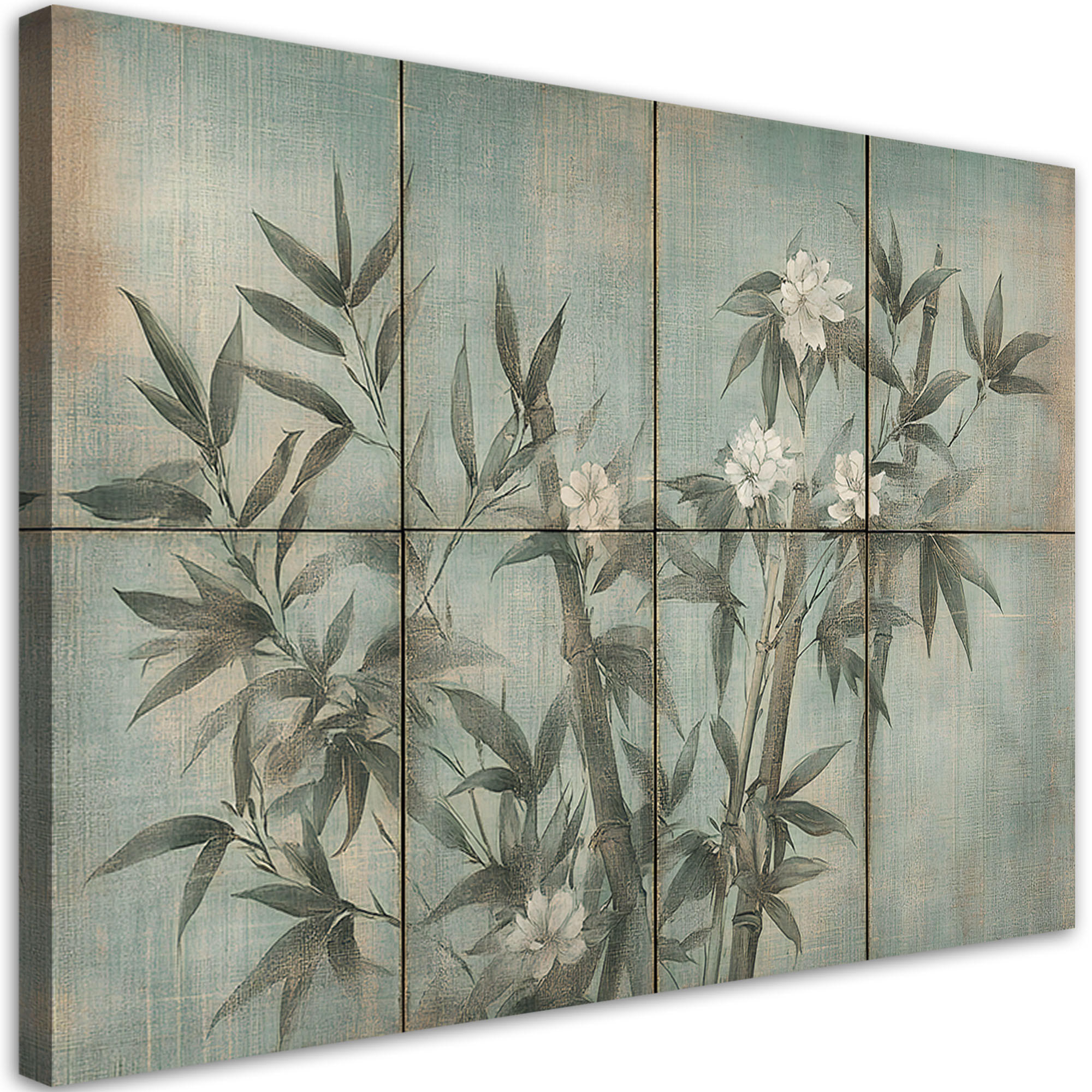 WANDBILD bambussprossen mit blumen auf einem strukturierten hintergrund - Blau, Textil (60/40cm) - Feeby