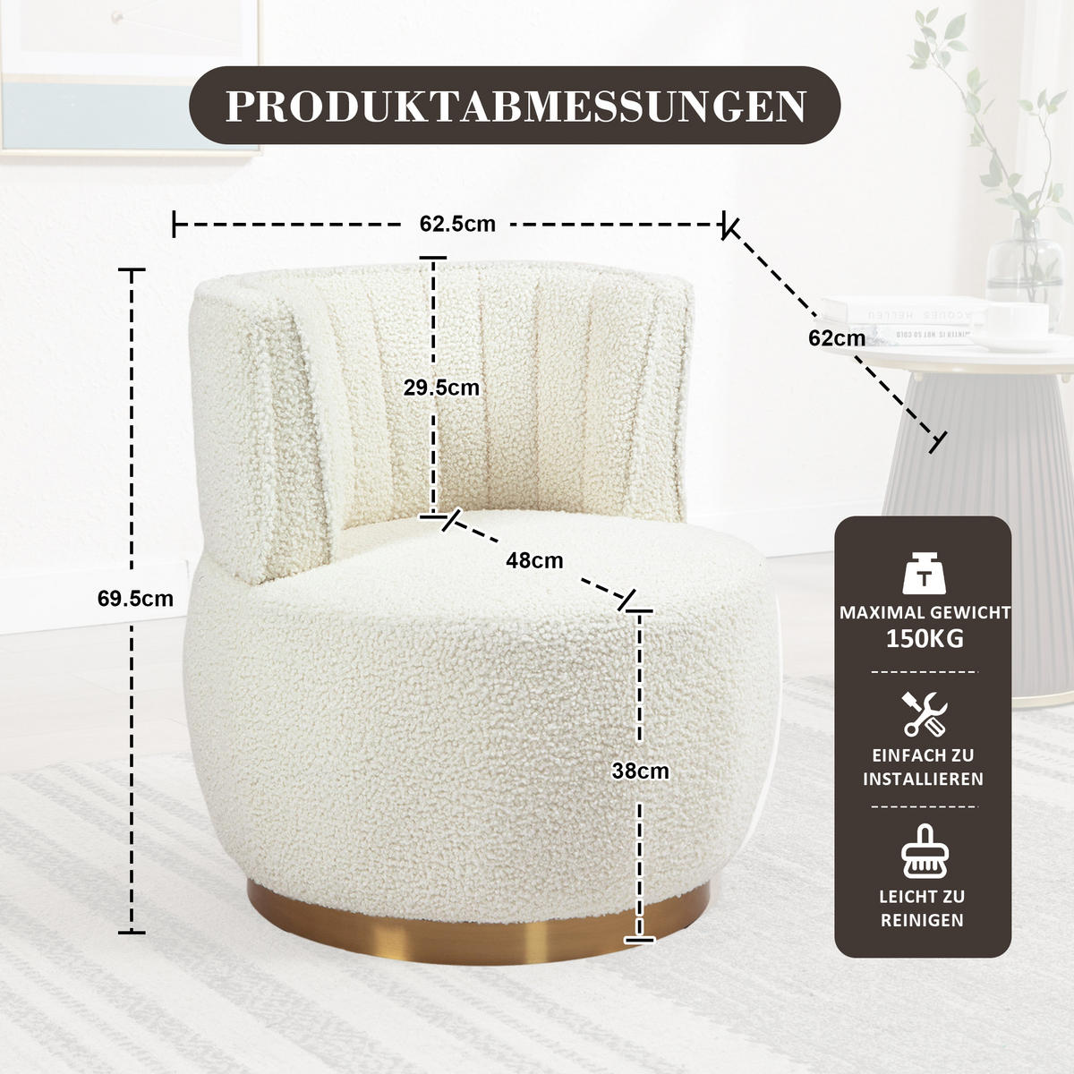 SESSEL Samt/Teddystoff Weiß drehbar - Weiß, Holzwerkstoff/Textil (62.5/69.5/62cm) - WISHDOR
