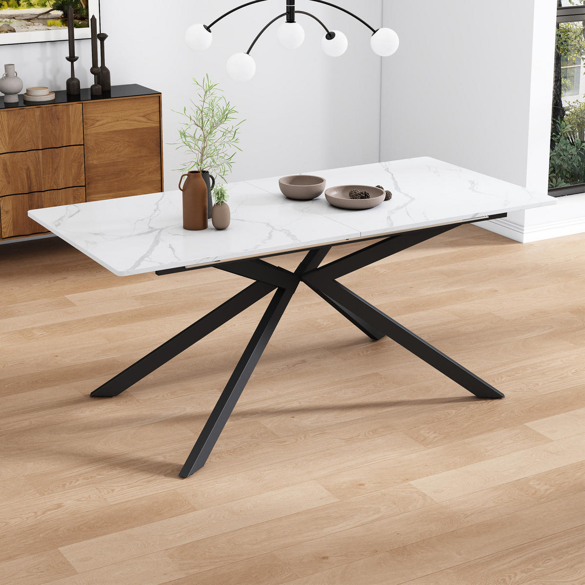 ESSTISCH aus MDF 150/180x70x76 cm Schwarz/Weiß erweiterbar mit Kreuzbeingestell und Marmorstruktur - Schwarz, Holzwerkstoff (180/70/75.5cm) - Modfu