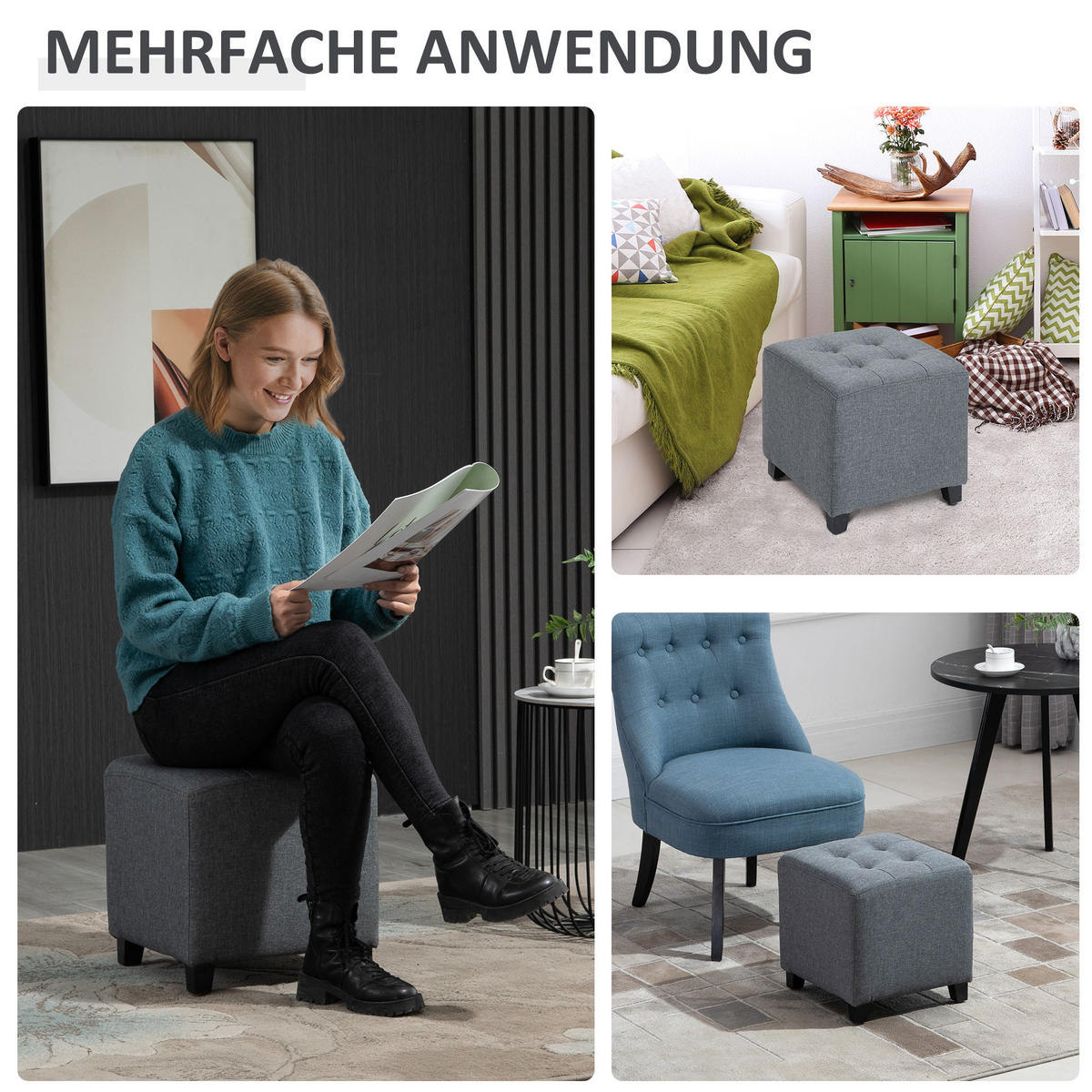 FUSSHOCKER, Quadratischer Sitzhocker, Ottomane mit Leinenoptik, Holzbeine Grau - Grau, Kunststoff (35/35/35cm) - HOMCOM