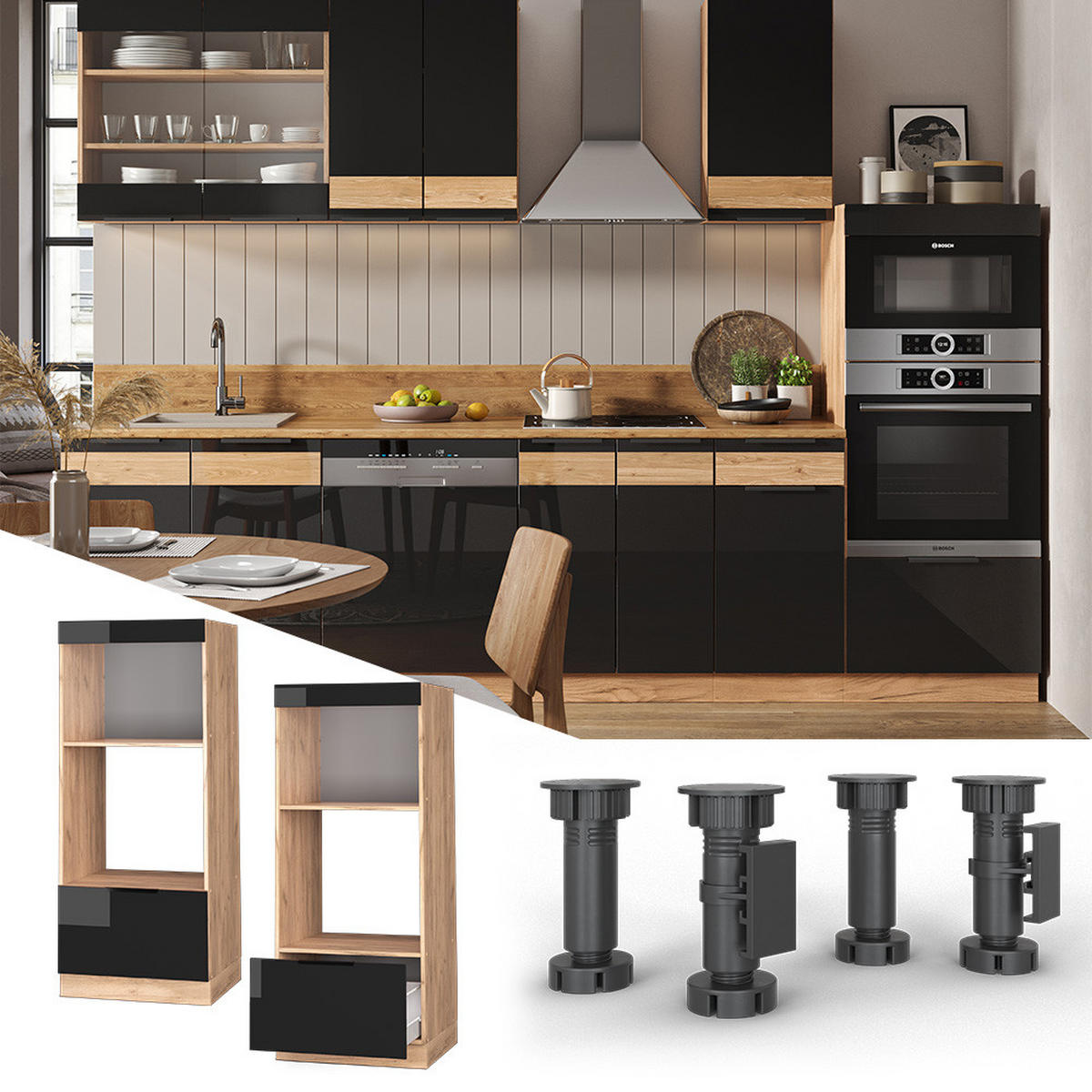 MIKROWELLENSCHRANK Fame-Line Schwarz Eiche hochglanz 60 cm offen - Honigeiche/Schwarz Hochglanz, Holzwerkstoff (60/153.6/58.1cm) - Vicco