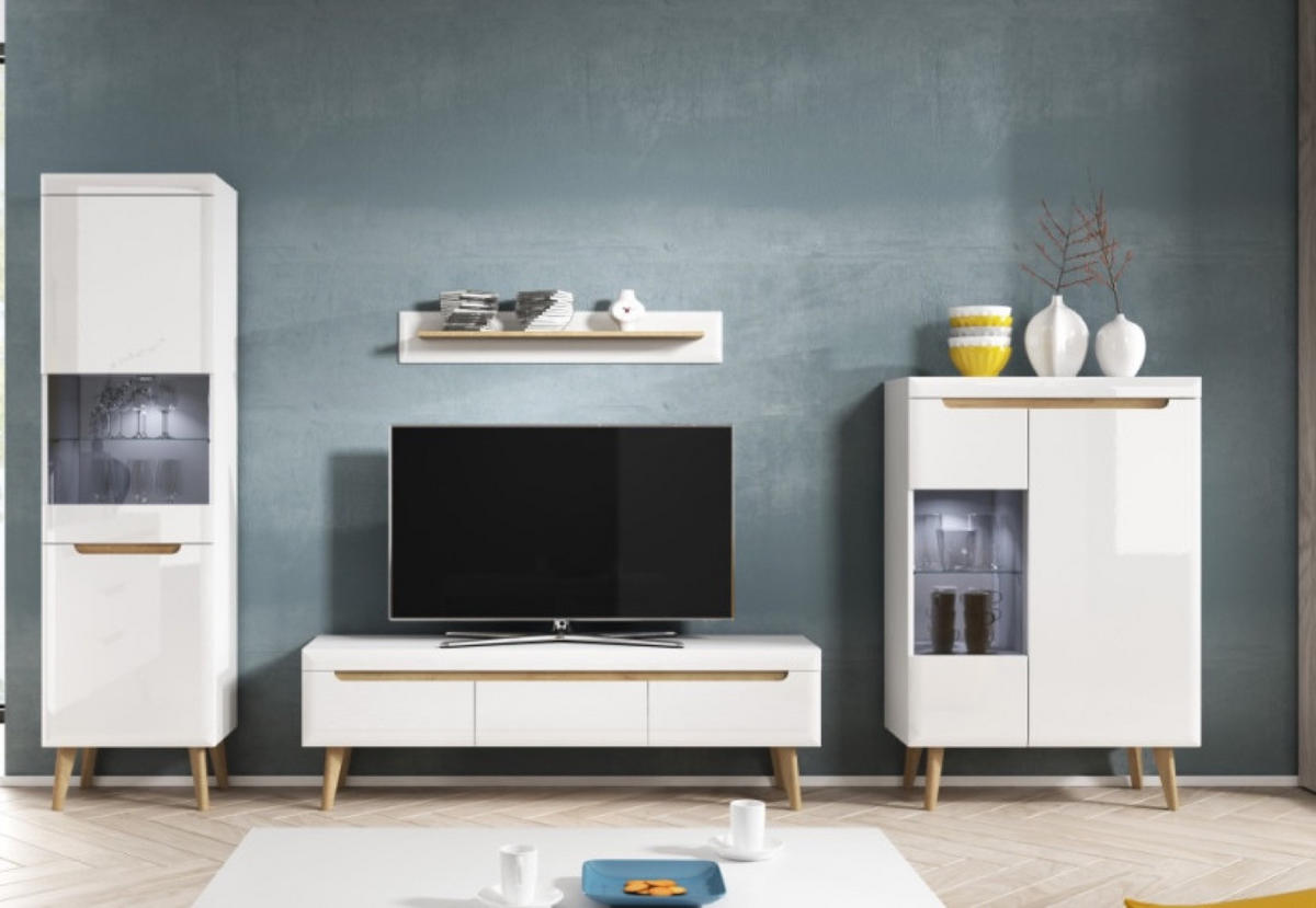 WOHNWAND Weiß Riviera Eiche Nordan Mit LED Mit Regalen - Eichefarben/Weiß, Holzwerkstoff (305/197/40cm) - Sepro Meble