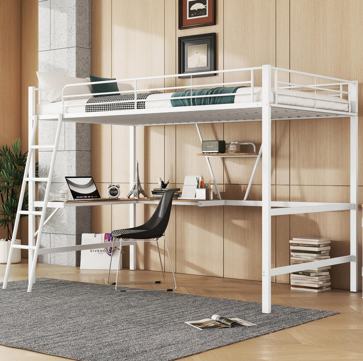 HOCHBETT aus Metall 90x200 cm Weiß mit L-förmigem Schreibtisch, Regal und Sicherheitsgeländer - Weiß, Metall (90/190cm) - Modfu