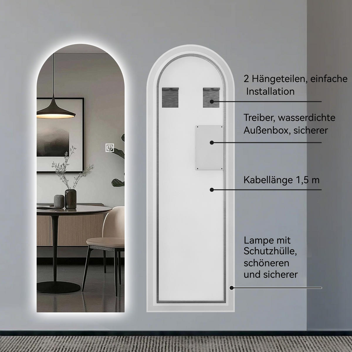 STANDSPIEGEL LED bogenförmig – Ganzkörperspiegel dimmbar, hochauflösend, bruchsicher, freistehend oder Wandmontage, hell beleuchtet - Silberfarben, Glas (50/3/165cm) - Ej. Life