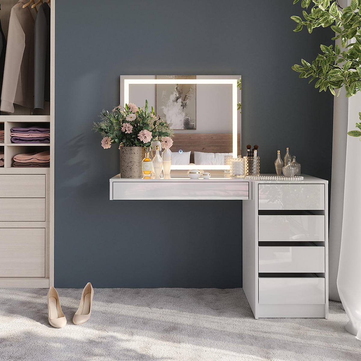 SCHMINKTISCH Sherry Weiß/Weiß Hochglanz 120 cm 3 Teile - Weiß Hochglanz, Holzwerkstoff (120/76/50.1cm) - Vicco