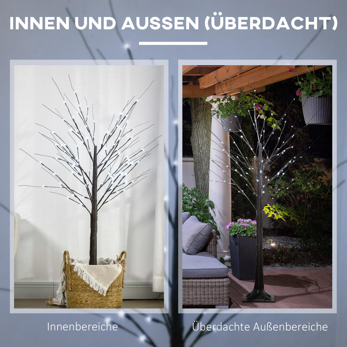 KÜNSTLICHE Birke mit LED-Beleuchtung, 96 warmweiße Mikro-LEDs, 150 cm, Braun - Braun, Kunststoff (22/150/22cm) - HOMCOM