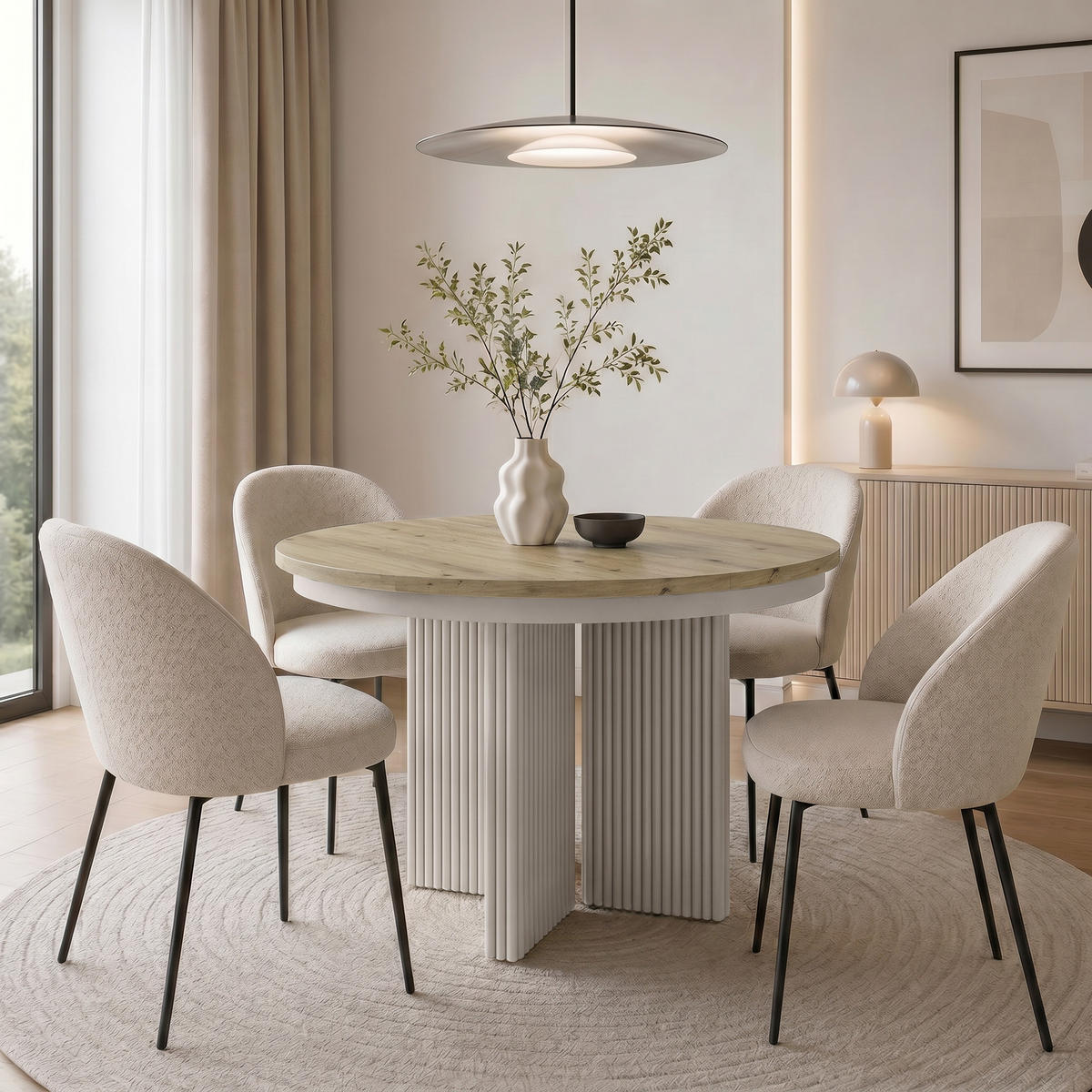 JÍDELNÍ STŮL Prestige, kulatý designový stůl, rozkládací Ø 100–180 cm, dub Artisan + kašmír - kašmírová/barva dubu, kov (100/100/77cm) - Beautysofa