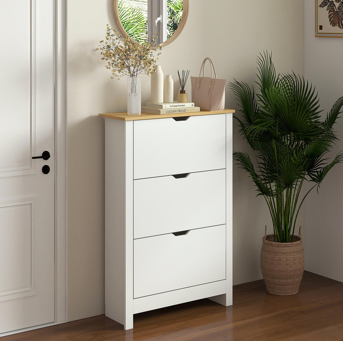 SCHUHSCHRANK 72/26/112 cm in Weiß mit 3 Klappen und Ablage - Weiß, Holzwerkstoff (72/112/26cm) - Flora Grace