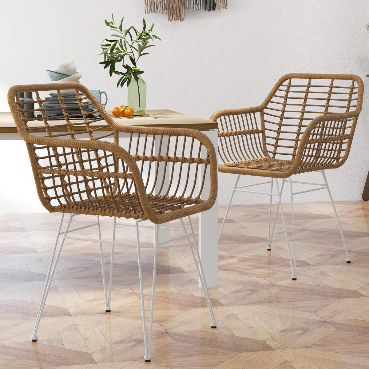 ESSZIMMERSTÜHLE 2er Set Essstuhl mit Rückenlehne Küchenstühle mit Rattenoptik - Hellbraun, Kunststoff (60/79/56cm) - HOMCOM