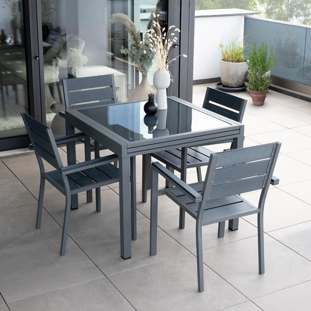 SITZGRUPPE VERANO MADERA - 3 tlg. - Anthrazit/Hellgrau, Glas/Metall - Home Deluxe