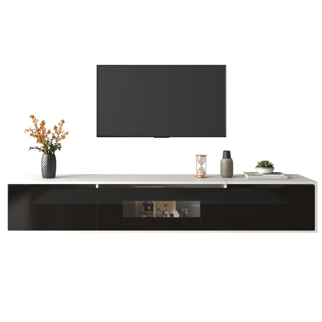 Modfu TV stolek z dřevotřísky 180x35x30 cm bílý s černým vysokým leskem, LED osvětlením a montáží na stěnu