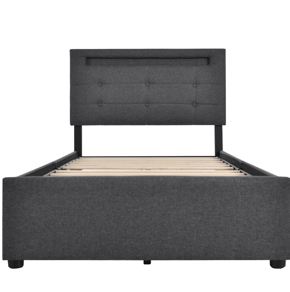 POLSTERBETT mit LED und 2 Schubladen 90x200 cm Leinen Grau inkl. Matratze - Grau, Metall (90/200cm) - Meubliv