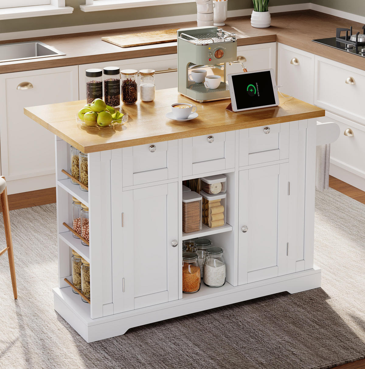KÜCHENINSELWAGEN mit ausziehbarer Arbeitsplatte 132 cm White/Natural - Weiß, Holz (70/87/132cm) - Beauniv