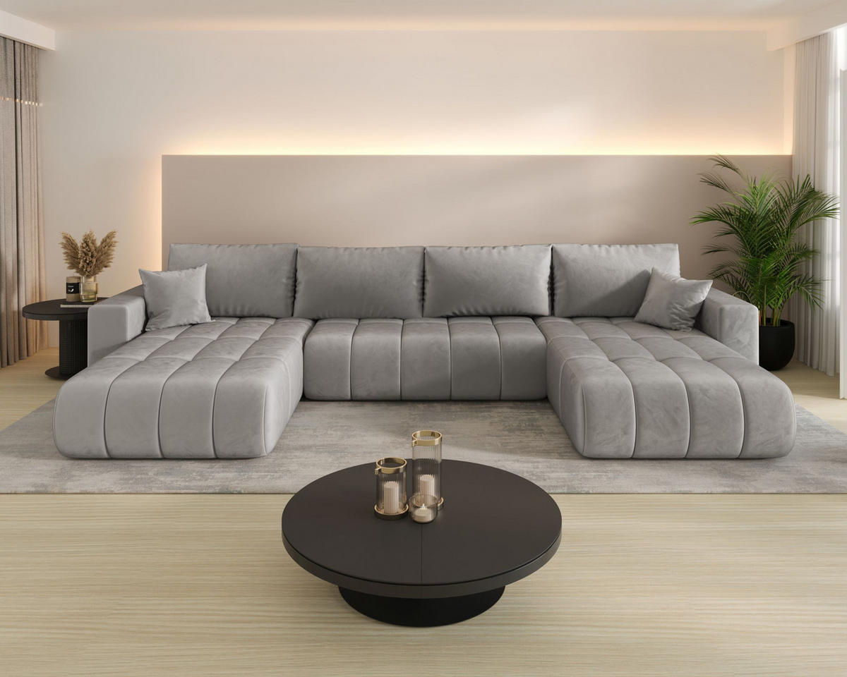 ECKSOFA LARA PREMIUM U-Form hellgrau Velours Monolith 84 - Schlaffunktion, Bettkasten - Hellgrau, Textil (385/175cm) - Cornero