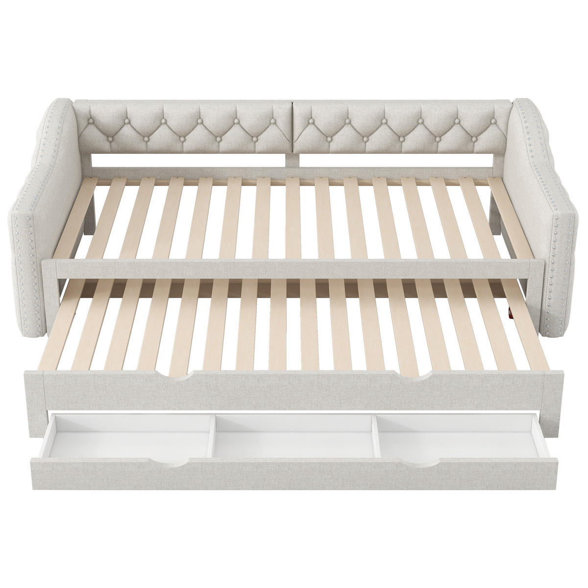POLSTERBETT 90x200cm, LED, Ausziehbett, 3 Schubladen, gepolstert, Beige - Beige, Textil (90/200cm)