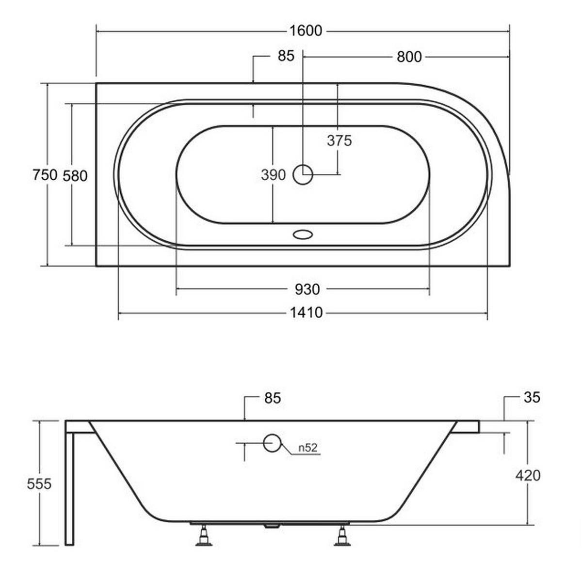 BADEWANNE Eckwanne AVITA 160/75 Rechts + Schürze + Ablage + Kopfstütze Ablauf Füße - Weiß, Kunststoff (75/55.5/160cm) - bad land
