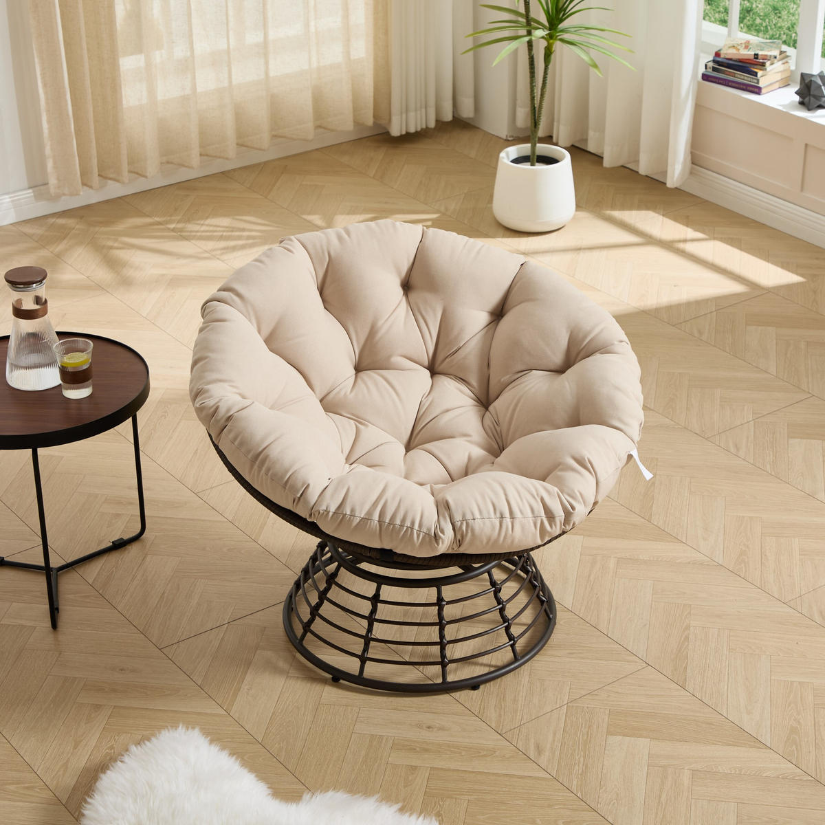 GARTEN-RELAXSESSEL Papasansessel, 360° drehbar,Rattan, Beige - Beige, Metall (60/67/92cm) - LVHOM