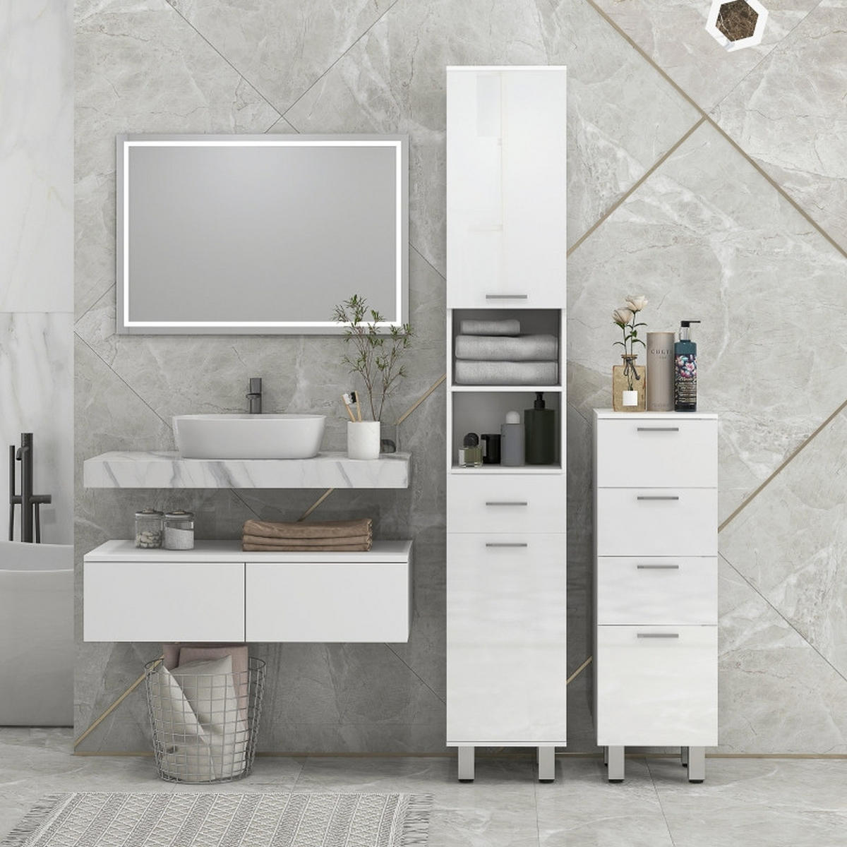 BADEZIMMERSCHRANK 30x30x93 cm Weiß aus Massivholz mit 4 Schubladen & Hochglanzfront - Weiß, Holzwerkstoff (30/93/30cm) - Modfu