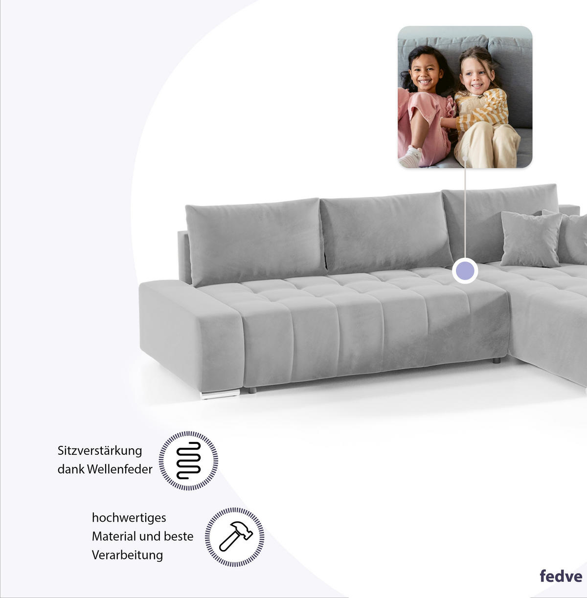 ECKSOFA mit Schlaffunktion Dhaka L, Hellgrau - Hellgrau, Textil (185/265cm) - Fedve